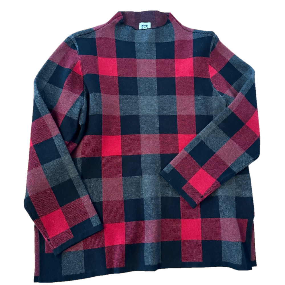 Anne Klein Treeline Black Plaid Mock Neck Long Sleeve Sweater Size M
